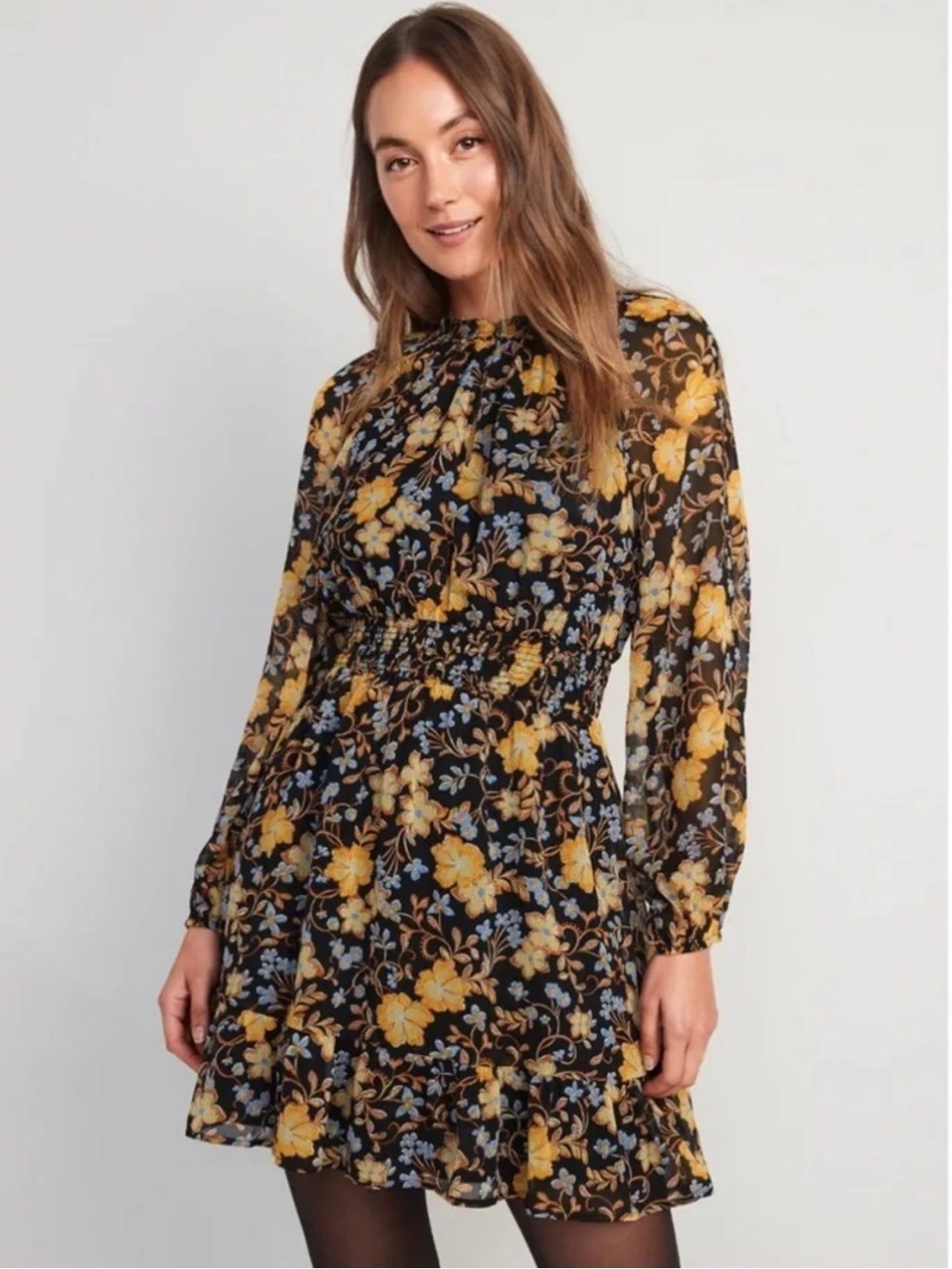 EUC Old Navy Floral Tiered Mini Dress w/Sheer Sleeves & Ruffle Skirt - Size L